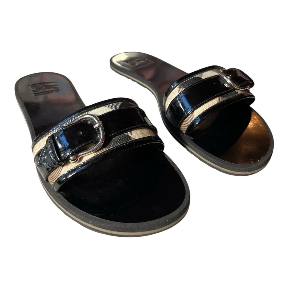 Burberry Slides Sandals Black Cream Nova Check Patent Buckle Size 39 EU 9 US